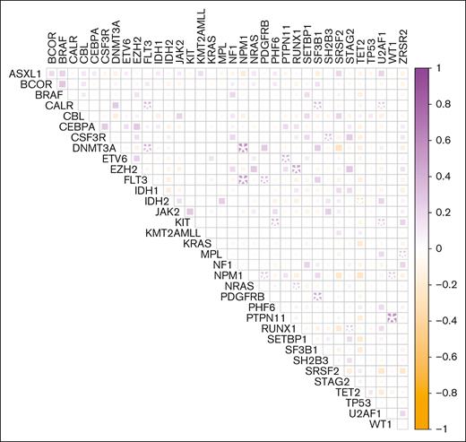 Co-occurrence or exclusivity of genes at diagnosis in the entire cohort. The interaction of genes repeatedly found comutated in the same patient is presented in purple. The interaction of genes observed to be mutually exclusive and those not frequently altered in the same patient is presented in orange. ∗P < .05.