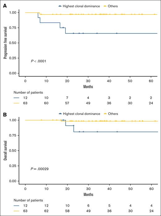 The HCD correlated with poorer outcomes in the PMBL LYSA cohort. (A) PFS and (B) OS according to clonal dominance status (assessed by 5′RACE) in the 5′RACE set from the PMBL LYSA cohort (n = 75). We identified a subset of 12 of 75 patients (16%) with the HCD (cutoffs: dominant clonotype representing >81.1% and >78.6% of all CDR3 sequences for IgVH and IgVL, respectively).