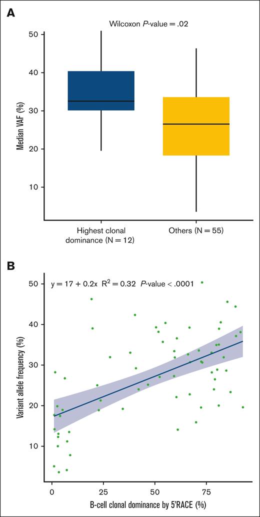 Description of the median VAF determined by NGS and clonal dominance assessed by 5′RACE in patients with available data for both variables (n = 67 in 5′RACE set). (A) Box plot displaying the median VAF comparison between patients with the HCD (n = 12) and others (n = 55). (B) Correlation between the degree of B-cell clonal dominance (defined by the percentage of CDR3 sequences occupied by the dominant clone) according to 5′RACE and the median VAF of somatic variants detected by NGS (5′RACE set).