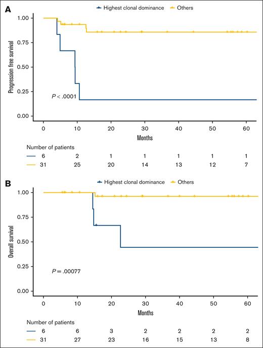 HCD status correlated with poorer outcomes in the independent validation cohort. (A) PFS and (B) OS according to clonal dominance status (HCD vs others, as assessed by 5′RACE) in the independent validation cohort with available 5′RACE results (n = 37/40). We identified a subset of 6 of 37 patients (16.2%) with the HCD (cutoffs: dominant clonotype representing >81.1% and >78.6% of all CDR3 sequences for IgVH and IgVL, respectively).