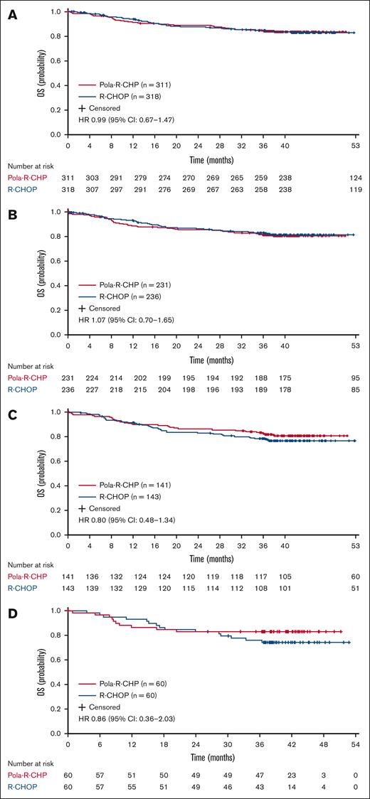 OS with Pola-R-CHP and R-CHOP in older patients. (A) Aged ≥60 years, (B) ≥65 years, (C) ≥70 years, and (D) ≥75 years from the POLARIX study (efficacy-evaluable population). Unstratified log-rank analysis.