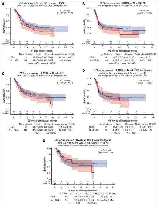 Survival data in patients with HGBL and non-HGBL. Survival was evaluated from eligibility (A, OS); from CAR T-cell infusion in the whole group (B, PFS; C, OS); and after infusion in the subgroup of patients who received axi-cel (D, PFS; E, OS). NA, non atteint (not reached).