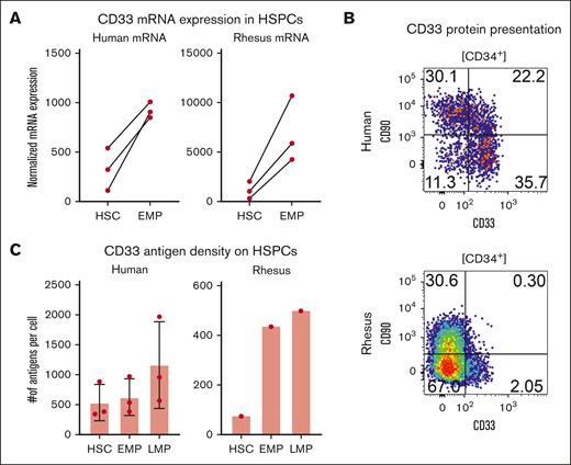 CD33 is differentially expressed in RM but not human HSPCs. (A) mRNA expression from bulk sequencing of HSCs and EMPs from 3 human donors (left) and 3 macaque donors (right) normalized to glyceraldehyde-3-phosphate dehydrogenase (GAPDH) transcripts. (B) Representative flow plot of the canonical HSC marker CD90 against CD33 in human (top) and rhesus (bottom). (C) Calculated antigen per cell on HSCs, EMPs, and LMPs in human (left) and rhesus (right). mRNA, messenger RNA.