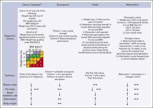 Diagnostic criteria and clinical features of cancer cachexia, sarcopenia, frailty, and malnutrition. ↑ indicates increase; ↓, decrease; and ↔, unchanged. The presence of 2 arrows indicates that either of the changes in the variable may occur in the syndrome (eg, cancer cachexia may be accompanied by a decrease or no change in fat mass).