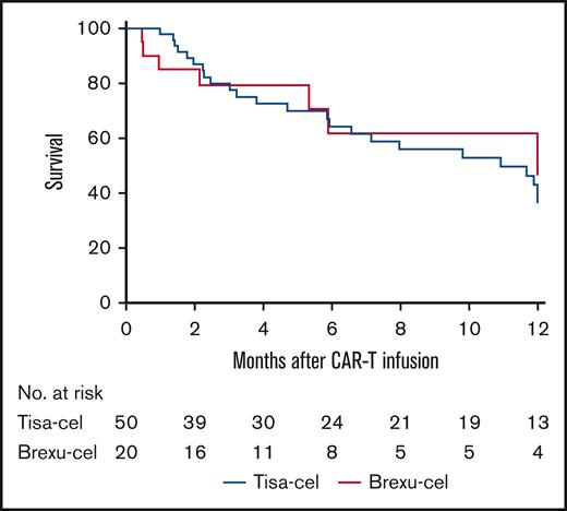 RFS at 12 months among YA patients receiving tisa-cel compared with those receiving brexu-cel. RFS was 36% for YA patients receiving tisa-cel (95% CI, 26-52) and 46% for those receiving brexu-cel 46% (95% CI, 31-81); HR, 1.12; 95% CI, 0.50-2.54; P = .79. RFS was censored for allogeneic stem cell transplant in remission and last follow-up.