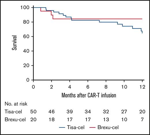 OS at 12 months among YA patients receiving tisa-cel compared with those receiving brexu-cel. OS was 68% for YA patients receiving tisa-cel (95% CI, 56-85) and 84% for those receiving brexu-cel (95% CI, 81-100); HR, 1.8; 95% CI, 0.62-5.19; P = .35. OS was censored for the last follow-up.