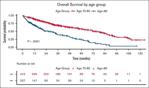 OS by age group. The Kaplan-Meier plot illustrates OS stratified by age group. The blue curve represents the Octo cohort (age of ≥80 years), whereas the red curve represents the OL cohort (aged 70 to <80 years). The table below displays the number of patients at risk (individuals who have not yet died and are still under observation) at each time point. The P value represents the result of the log-rank test comparing the survival curves.