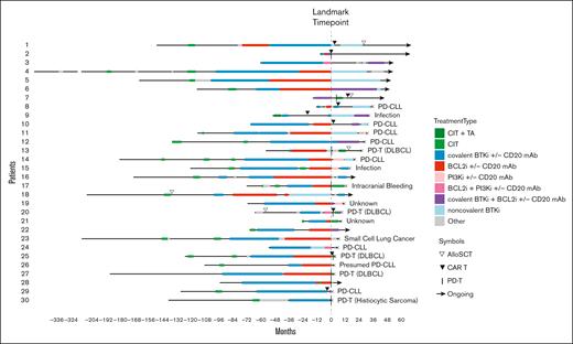 Treatment course of DR CLL. TAs refer to cBTKis, ncBTKis, BCL2is, and/or PI3Kis. Other treatments included bispecific antibody, BTK degrader, anti-CD19 mAb, anti-CD20 mAb, anti-CD52 mAb, and CIT. Patient 30 was on a BCL2i for 26 days before developing DR disease. DLBCL, diffuse large B-cell lymphoma; mAb, monoclonal antibody; PI3Ki, phosphoinositide 3-kinase inhibitor; TA, targeted agent.