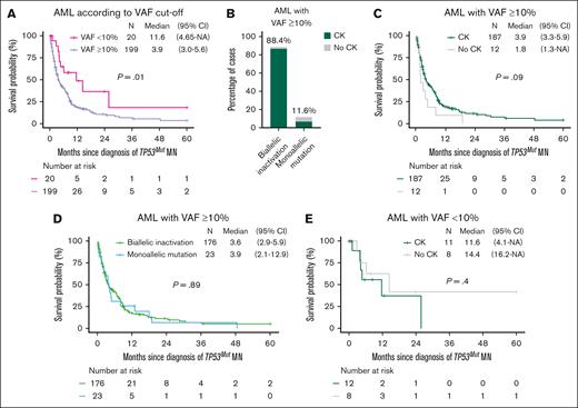 Survival outcome of TP53mut AML was poor irrespective of allelic status and CK status. (A) The median OS of TP53mut AML with VAF ≥10% was significantly poor compared with AML with a VAF <10%. (B) CK was more prevalent in AML cases with biallelic compared with those with monoallelic inactivation. In AML with a VAF ≥10%, the median OS was similar in (C) cases with or without CK, and (D) biallelic and monoallelic inactivation. (E) Similarly in AML with a VAF <10%, median OS was comparable regardless of CK status. 95% CI, 95% confidence interval; NA, not available.