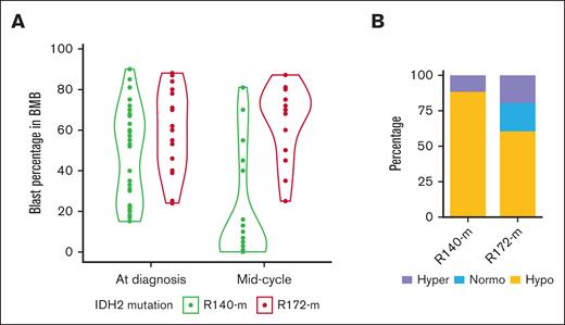 Patients with R172-m had significantly higher midcycle blast count and slightly more cellular midcycle marrows. (A) Blasts in midcycle marrow. Violin plot for comparison of blast percentage in BMB at diagnosis and at midcycle, n = 26 for R140-m, median midcycle blast percentage 5% (range, 0-81); n = 15 for R172-m, median midcycle blast percentage 70% (range, 25-87; P < .001). A Welch 2-sample t test was used for comparison. There was no significant effect of induction type or of addition of enasidenib to induction. (B) Cellularity of midcycle marrow. Among patients with R172-m, 40% had hypercellular or normocellular midcycle bone marrows (age-adjusted cellularity), compared with 12% of the patients with R140-m. n = 25 for R140-m; n = 15 for R172-m. There was a trend toward increased cellularity among the R172-m (P = .045). A Fisher exact test was used for comparison. Midcycle BMBs were done on days 13 to 22 from induction, most on days 14 to 15. Hyper, hypercellular BMB; Hypo, hypocellular BMB; Normo, normocellular BMB.