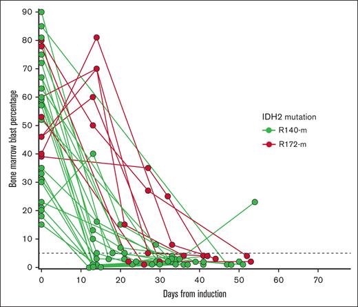 Blast percentage in sequential bone marrow biopsies, among patients who achieved CR after single induction. n = 8 for patients with R172-m; n = 24 for patients with R140-m. Each circle represents a sequential BMB. One of the patients with R140-m had relapsed disease after day 50.