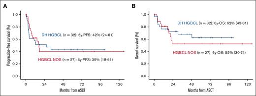 Survival in patients with high-grade BCL. PFS (A) and OS (B) in patients with high-grade BCL (double hit and NOS subtype).