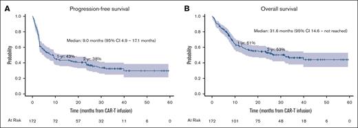 Disease outcomes among all patients (N = 176). (A) PFS and (B) OS.