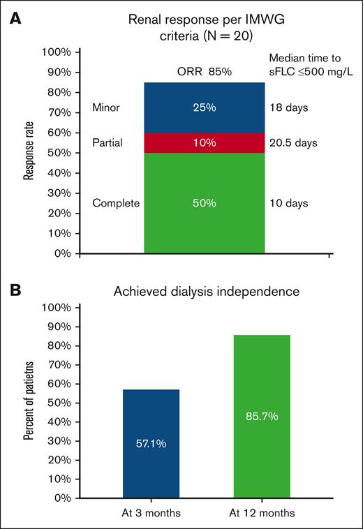 Renal outcomes. (A) Renal response per IMWG criteria2 and the median time to sFLC ≤500 mg/L by subgroup. Eighty-five percent of patients had a renal response, with complete renal responses in 50%, partial renal response in 10%, and minor renal response in 25%. Complete renal response is defined as the best posttreatment creatinine clearance (CrCl) of at least 60 mL/min if the baseline eGFR was <50 mL/min per 1.73 m2. Partial and minor renal responses to antimyeloma treatment are defined as best CrCl of 30 to 59 mL/min and 15 to 29 mL/min, respectively, if the baseline eGFR was <15 mL/min per 1.73 m2. In addition, patients are determined to achieve a minor renal response if best CrCl response is between 30 and 59 mL/min and the baseline eGFR is from 15 to 29 mL/min per 1.73 m2. (B) Dialysis outcomes in patients who started dialysis during inpatient hospitalization. Nine patients required dialysis during presentation. Two patients who started on dialysis died within 3 months (age 86 years, from aspiration pneumonia; age 87 years, from disease progression). Of the 7 patients, 4 (57.1%) came off dialysis by 3 months, and 6 (85.7%) were off dialysis at 1 year. ORR, overall response rate.