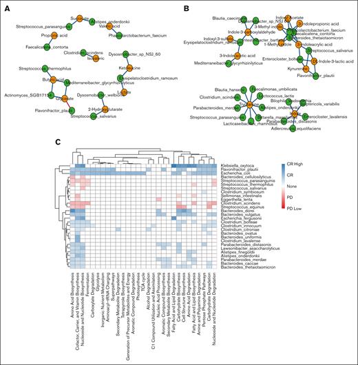 Association between gut microbial and stool metabolomics. (A) Significant correlations between taxa hits identified by MaAsLin2 for disease status outcome and indoles. (B) Significant correlations between taxa hits identified by MaAsLin2 for disease status outcome and SCFAs. (C) Representative significant associations between metagenomic (DNA) pathways and taxa hits identified for disease status outcome. PD, partial disease.