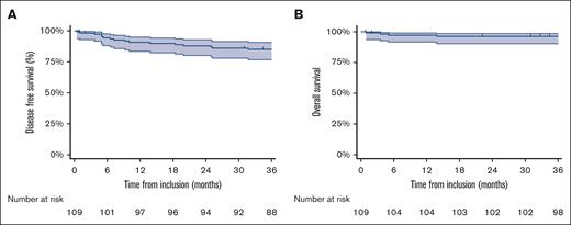 Survival curves for high-risk DLBCL patients treated with atezolizumab consolidation. Disease free survival (A) and overall survival (B) outcomes observed in 109 patients diagnosed with high-risk DLBCL who achieved complete remission and were treated with atezolizumab for up to 54 weeks.
