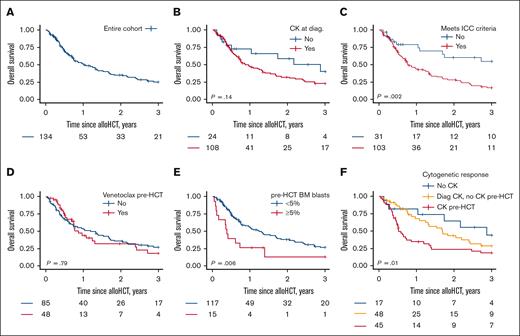 OS at 3 years after transplant. (A) Entire cohort and stratified by (B) CK, (C) meeting the ICC for “TP53mut MN,” (D) the use of venetoclax before alloHCT, (E) pre-alloHCT BM blast percent, and (F) cytogenetic response before transplant.