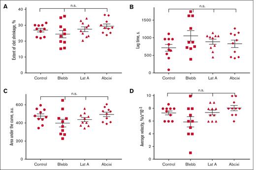Parameters of RBC-induced clot shrinkage in platelet-depleted reconstituted blood samples in the absence (control) and presence of the following platelet inhibitors. 200 μM Blebb, 4 μM Lat A, and 100 μg/mL Abcixi. (А) The final extent of clot shrinkage. (B) Lag time of clot shrinkage after thrombin-induced clot formation. (C) Area under the kinetic curve. (D) Average shrinking velocity. The results indicate that the platelet antagonists studied have no effect on the RBC-induced clot shrinkage in the absence of platelets. The results from 5 duplicated experiments are presented as the mean ± standard error of the mean. Ordinary 1-way analysis of variance test with Tukey multiple comparisons post hoc test. Abcixi, abciximab; Blebb, blebbistatin; Lat A, latrunculin A; n.s., not significant.