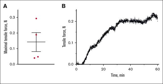 Tension generated by the aggregating RBCs within platelet-depleted clots measured with a rheometer. (A) Average maximal normal force generated by platelet-depleted reconstituted blood clots at 60 minutes after clot formation (mean ± standard error of the mean, n = 4 different donors). The RBC-related tension was determined as the difference between the maximal normal forces generated by the clots in the presence and absence of RBCs. (B) A representative tensile curve showing the dynamics of the tensile (normal) force generated by an RBC-containing platelet-depleted plasma clot formed between fixed horizontal plates of the rheometer.