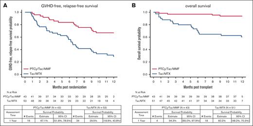 Impact of PTCy on primary end point and OS. Adjusted curves of (A) GRFS and (B) OS.