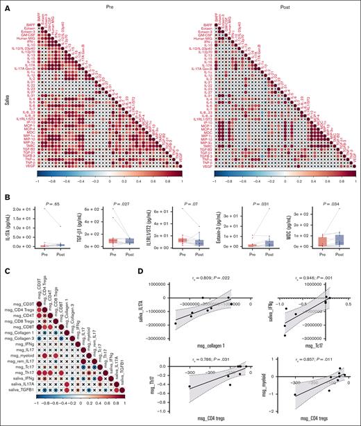 Saliva reflected attenuated inflammation in the local oral environment and had reduced TGF-β1. (A) Correlation matrix of salivary cytokines in pretreatment and posttreatment cohorts. See correlation matrix key below “∗.” (B) Changes in selected salivary cytokines (IL-17A, TGF-β1, IL-1RL1/ST2, eotaxin-3, and MDC) with belumosudil treatment (n = 12; Wilcoxon signed-rank test was performed). (C) Correlation matrix among the changes in selected salivary cytokines, immune cells, and collagen in labial salivary glands between pretreatment and posttreatment cohorts. See correlation matrix key “∗.” (D) Scatterplots exploring relationships from panel C specific analytes in saliva and labial salivary glands with a significant positive correlation. ∗Correlation matrix key: the intensity of the colors and the diameter of the circles give an indication of the degree of correlation between 2 cytokines and reflect the strength of Spearman ρ correlation coefficient. The crosses represent correlation coefficients that were not statistically significant. Significance was tested using a Spearman rank test and level of significance was set at P value <.05. Paired nonparametric t test was performed. BAFF, B-cell activating factor; GM-CSF, granulocyte-macrophage colony-stimulating factor; IL-1RL1/ST2, interleukin 1 receptor-like 1/suppression of tumorigenicity 2; IP, IFN-γ–induced protein; MCP, monocyte chemoattractant protein; MDC, macrophage-derived chemokine; MIG, monokine induced by IFN-γ; MIP, macrophage inflammatory protein; TARC, thymus and activation-regulated chemokine; Tc17, type 17 cytotoxic effector cell; TNF, tumor necrosis factor; VEGF, vascular endothelial growth factor.