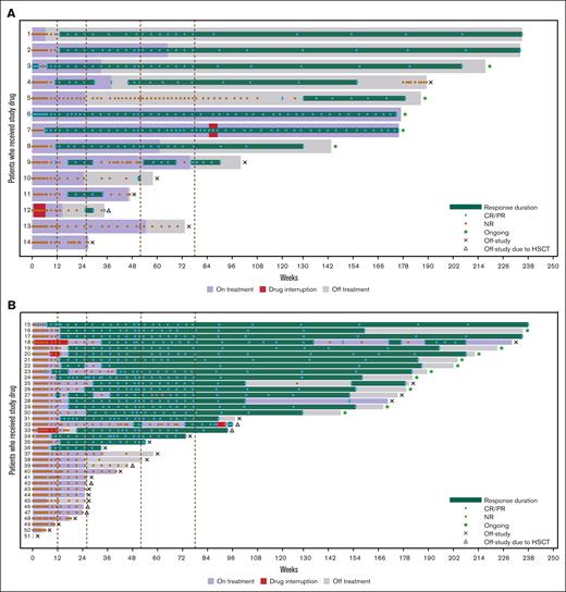 Eltrombopag exposure and response duration. Swimmer plot for duration of response (NAPAAC criteria) and exposure to eltrombopag in the R/R cohort (A) and treatment-naïve SAA cohort (B). Full analysis set. Swimmer plots with each lane representing an individual patient’s treatment duration, timing of CR/PR, response duration, and if applicable, drug interruption. The purple line represents time on eltrombopag, the green line represents duration of response without interruption of NR, and the gray bar represents time off treatment. NR, nonresponder.