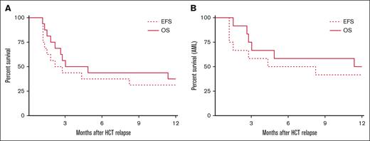 Survival. OS and EFS for the entire cohort (n = 16) (A) and patients with AML (n = 12) (B).