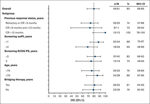 ORR by prespecified subgroup (liso-cel–treated efficacy analysis set). ORR and 2-sided 95% Clopper-Pearson CIs are displayed.