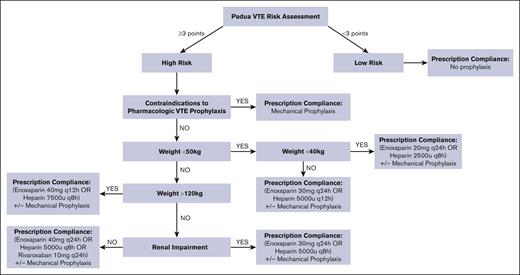 Determination of risk-appropriate VTE prophylaxis prescription. q12h, every 12 hours.
