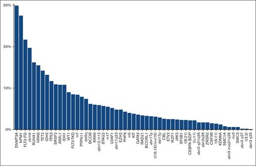 Mutational landscape of the development cohort at first AML diagnosis. Driver events found at diagnosis in 943 patients with relapsed AML. Each bar represents a driver lesion, including gene mutations, and chromosomal abnormalities. abn, abnormality in; ck, complex karyotype (annotated according to the 2022 ELN risk classification); del, deletion in; inv, inversion of; mk, monosomal karyotype; m, monosomy; t, translocation of.