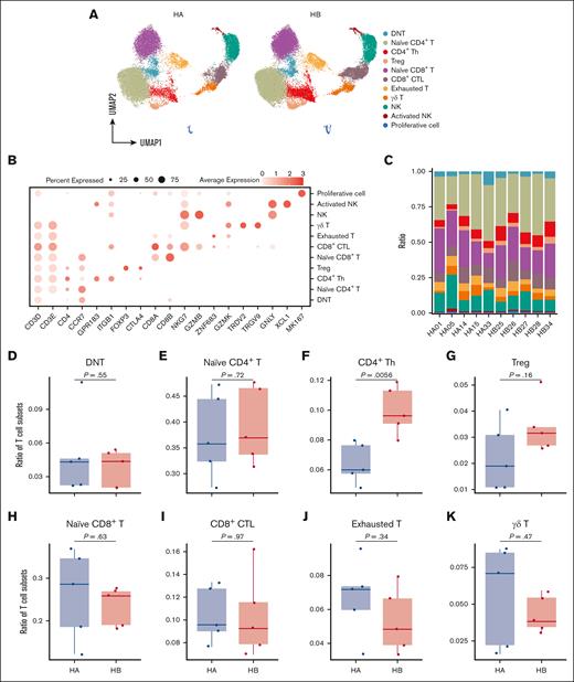 Further clustering of T- and NK-cell subsets and their general features. (A) UMAP was used for the dimension reduction of visualization of T and NK subsets. (B) The expression levels of the markers for the annotation of T and NK subsets were shown by the dot plot. (C) The ratios of each T and NK subsets in each sample. The legend in panel A also applies to panel C. (D-K) Student t test was used to analyze the difference of T-cell subsets, including dual negative (DN) T cell (D), naïve CD4+ T cell (E), CD4+ Th cell (F), regulatory T (Treg) cell (G), naïve CD8+ T cell (H), CD8+ CTL (I), exhausted T cell (J), and γδ T cell (K) in total T cells between the 2 groups.