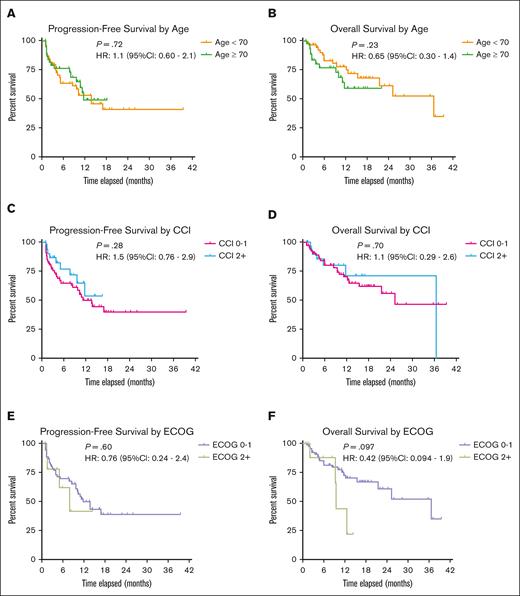 PFS and OS stratified by age, comorbidity index, and PS. Kaplan-Meier survival curves were used to compare survival probabilities of PFS and OS based on age (patients aged <70 years vs ≥70 years), CCI score (patients with scores of 0 or 1 vs ≥2), and ECOG PS (patients with ECOG of 0 or 1 vs ≥2). No statistically significant difference was found in median survival probability for each stratified group.