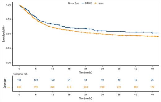 Kaplan-Meier estimate of OS comparing Haplo donor (yellow line) and MMUD (blue line) groups. Haplo, haploidentical.