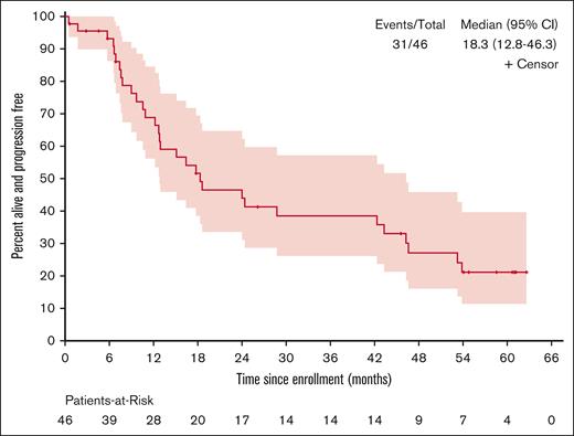 Median PFS of patients following frontline BV-nivo. CI, confidence interval.