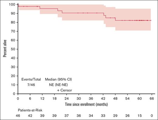 OS of patients subsequently treated following progression on BV-nivo as initial treatment for HL. CI, confidence interval; NE, not estimated.