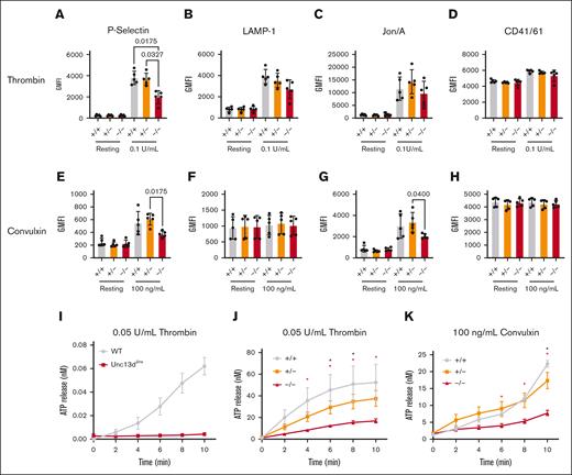 CSPα−/− platelets have defective dense- and α-granule secretion and integrin activation. (A-H) Washed platelets (50 x 103/µL) from CSPα+/+, CSPα+/−, and CSPα−/− mice were stimulated with 0.1 U/mL thrombin or 100 ng/mL convulxin for 2 minutes and then incubated with fluorescein isothiocyanate (FITC) anti–P-selectin (A,E), phycoerythrin (PE)-conjugated LAMP-1 (B,F), PE-conjugated Jon/A (C,G), or FITC anti-CD41/61 (D,H) antibodies for 20 minutes at 37°C. Fluorescent intensities were measured by flow cytometry. Shown are representative data and GMFI (mean ± standard error of mean) of 5 independent experiments. Statistical analyses were performed using the Kruskal-Wallis multiple comparison test and corrected using the Dunn multiple comparison test. The significant P values are indicated. (I-K) Platelet-rich plasma (PRP) was isolated and adjusted to a concentration of 100 x 103/µL from CSPα+/+, CSPα+/−, CSPα−/− mice, and Unc13dJinx mice. PRP was stimulated with 0.05 U/mL thrombin (I,J) or 100 ng/mL convulxin (K) over a 10-minute period at 37°C to measure ATP release from the platelets at 2 minutes increments. Data are mean ± standard error of the mean of triplicate measurements and are representative of 3 independent experiments. Statistical analyses were performed using 2-way analysis of variance multiple comparisons and corrected using the Tukey multiple comparison test. Significance: ∗(red) = P ≤ .05 WT vs KO and ∗(black) = P ≤ .05 WT vs HET. HET, heterozygous; KO, knockout.