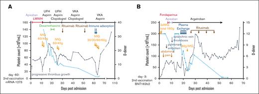 Clinical course of TTSs. Platelet counts (black line) D-dimer levels (blue line) and the clinical course of 2 index patients with anti-PF4–negative TTS after mRNA-based vaccination against COVID-19. (A) Index case 1: 57-year-old male with a history of kidney transplantation in 2009 and a recent COVID-19 infection with progressive thrombosis of the right femoral vein. Despite antithrombotic triple therapy, immunosuppression, and high-dose IVIG, only immunoadsorption was able to control the situation and resulted in a sustained platelet count increase. (B) Index case 2: 37-year-old male with a history of Hodgkin lymphoma in remission and prior episodes of ITP with petechiae, headache, thrombocytopenia, and elevated D-dimer. IVIG was administered to stabilize platelet counts but the patient developed pulmonary embolism and splanchnic vein thrombosis. Therapeutic dose anticoagulation, immunosuppression, and plasma exchange increased platelet counts without further thromboembolic events. LMWH, low-molecular-weight heparin; UFH, unfractionated heparin; VKA, vitamin K antagonists.
