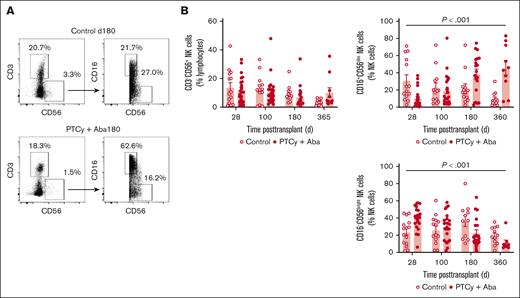 NK cells. Peripheral blood NK cell analysis. NK cells in the peripheral blood were analyzed by flow cytometry at days 28, 100, 180, and 365 after transplant. (A) Representative gating strategy to identify CD3−CD56+ NK cells, separated into cytotoxic CD16+CD56dim and CD16−CD56bright NK cells. Representative examples shown for 1 patient each in the SOC and PTCy+Aba groups at day 180 after transplant. (B) Comparison of total NK cells, CD16+CD56dim and CD16−CD56bright NK cells in the SOC and PTCy+Aba treatment groups across time points.