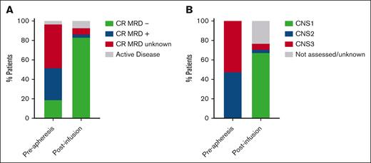 Response rates at preapheresis assessment and day +28 after infusion. (A) Medullary response rates are shown. A total of 28 patients achieved CR, of whom 25 achieved CR with MRD-negative status. Of 13 patients with active disease at preapheresis, 11 achieved MRD-negative CR. (B) CNS responses are shown; 21 of 24 evaluable patients achieved a response, whereas 3 patients had refractory disease (1 with CNS-2 disease and 2 with CNS-3 disease).