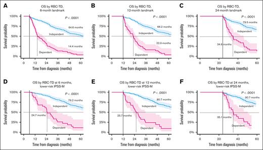 Dynamic assessment of RBC-TD predicts poor survival. RBC-TD status at 6, 12, and 24 months from diagnosis is associated with poor survival in the whole cohort (A-C) and IPSS-M lower-risk patients (D-F).
