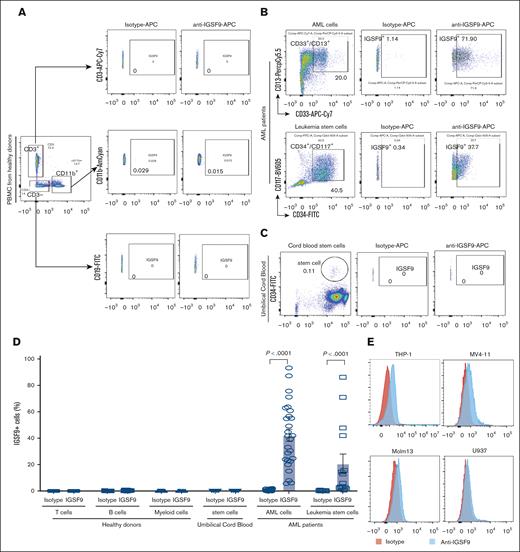 IGSF9 level is detected by flow cytometry. (A-E) IGSF9 levels are detected by flow cytometry in T cells, B cells, and myeloid cells from healthy donors (n = 10), CD33+/CD13+ leukemia cells (n = 27), CD34+/CD117+ leukemia stem cells (n = 15), umbilical cord blood (n = 5), and AML cell lines including THP-1, MV4-11, Molm13, and U937 cells. APC, allophycocyanin; FITC, fluorescein isothiocyanate; PBMC, peripheral blood mononuclear cell.