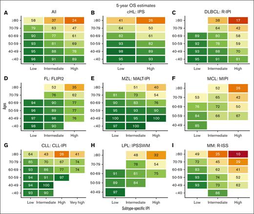 Five-year OS estimates stratified by ages and subtype-specific IPI. Five-year OS estimates for newly diagnosed patients for the entire cohort (A), cHL (B), DLBCL (C), FL (D), MZL (E), MCL (F), CLL (G), LPL (H), and MM (I) according to ages and subtype-specific IPI. FLIPI2, follicular lymphoma IPI 2; R-IPI, revised IPI.