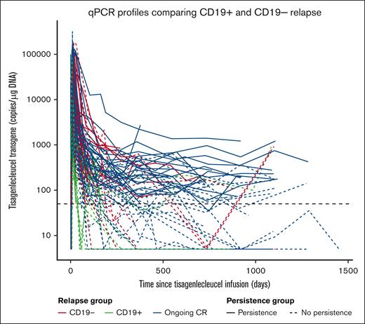 Transgene expansion and persistence and response in patients with B-ALL. Tisagenlecleucel transgene levels over time among patients who achieved ongoing CR and among patients who experienced CD19− and CD19+ relapses. The solid transgene curves represent profiles with persistent transgene levels, whereas the profiles with loss of persistence, at some point during follow-up after CAR T-cell therapy, are represented by dashed lines. The thick horizontal black dashed line represents the lower limit of quantification. The geometric mean expansion (n, geometric mean % coefficient of variation) in ongoing CR with persistence, ongoing CR without persistence, CD19− relapse, patients with CD19+ transgene persistence, and patients with CD19+ relapse with no persistence were observed to be 49 800 (n = 23, 95%), 43 600 (n = 24, 204%), 49 300 (n = 25, 110%), 5250 (n = 2, 212%), and 12 000 copies per μg (n = 12, 190%), respectively.