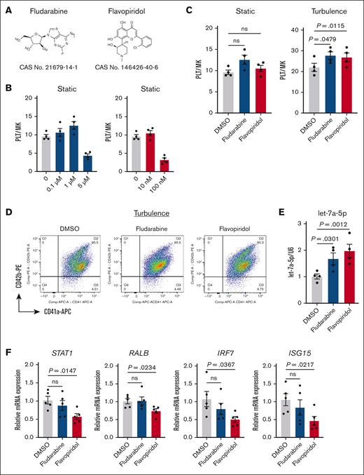 Pharmacological inhibition of STAT1 enhances iPSC-PLT production under turbulent flow conditions. (A) Chemical structures of fludarabine and flavopiridol, the 2 established inhibitors for STAT1 phosphorylation. (B) Dose optimization on iPSC-PLT production of fludarabine (0 to ∼5 μM) and flavopiridol (0 to ∼100 nM). (C) iPSC-PLT generation by imMKCLs (clone 7) in the absence and presence of fludarabine (1 μM) or flavopiridol (10 nM) under static or turbulent flow conditions. (D) Representative flow cytometry plots of iPSC-PLTs generated in the absence and presence of fludarabine (1 μM) or flavopiridol (10 nM) in static or turbulent flow conditions. CD41+CD42b+ platelets were identified from a platelet-sized gate. (E) Fludarabine (1 μM) or flavopiridol (10 nM) treatments elevated let-7a-5p expression. (F) Flavopiridol (10 nM) treatment reduced mRNA expression of representative immune-related genes in imMKCLs at the maturation stage. Data are expressed as the mean ± SEM from 4 to 5 independent experiments. Statistical significance was assed using 1-way analysis of variance or unpaired 2-tailed Student t tests. DMSO, dimethyl sulfoxide.