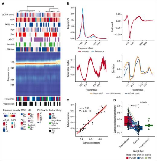 Fragmentation analysis of MCL ctDNA reveals increased fragmentation of molecules. (A) Heat map showing the fragment density distribution of pretreatment cfDNA in patients with ctDNA detected (39 patients, columns). Red indicates a higher number of fragments; blue lower. Select fragment lengths indicated (y-axis). Fragments between 50 and 500 base pairs shown. (B) Line graphs showing fragment length distribution according to mutated and reference fragments of MCL reporters in the pretreatment samples (n = 39 samples, 876 mutations). Additional line graphs showing mutant fragment enrichment (right upper corner), VAF, and correlation of fragment density (right bottom corner) with ctDNA parameters according to fragment length (x-axis). (C) Scatterplot of pretreatment cfDNA samples according to submononucleosomal (x-axis) and subdinucleosomal (y-axis) fragment fractions in the pretreatment samples. Spearman correlation. (D) Dot and box plots of submononucleosomal fragment enrichment in different sample types. Lines connect patients with pretreatment and on-therapy samples available; dots are colored according to clinical response or controls. Mann-Whitney U test P values for comparisons are shown. PD, progressive disease.