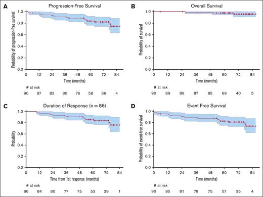 Survival outcomes. (A) PFS. (B) OS. (C) DOR. (D) EFS.