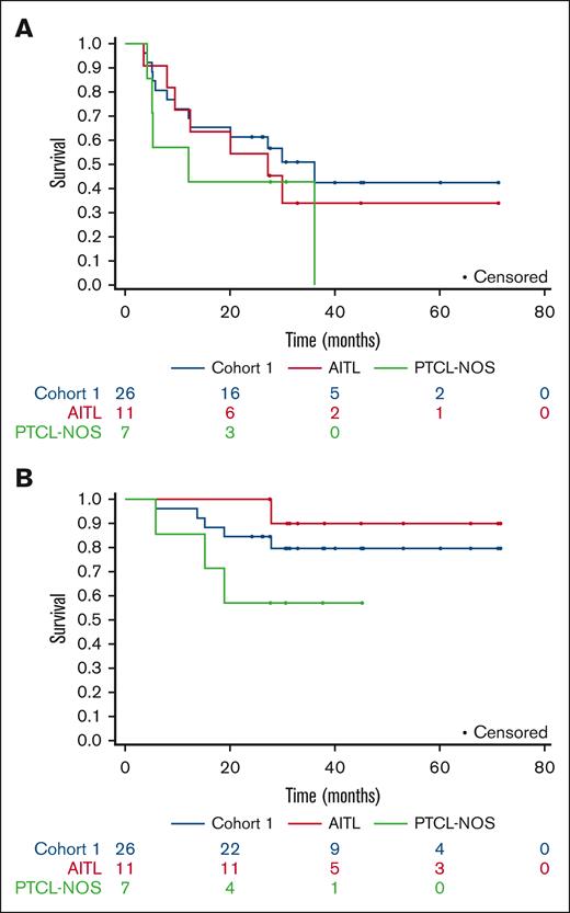 Survival curves. (A) PFS and (B) OS for cohort 1 patients, as assessed using Kaplan-Meier analysis. NOS, not otherwise specified.
