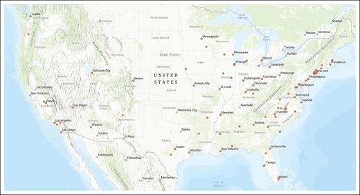 Geographic distribution of the NASCC member centers as of February 2025. Each dot represents 1 member center (adult, pediatric, and/or life span). The figure was made by one of the authors (M.M.), using a public Esri ArcGIS online trial account, and has not been previously published.