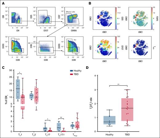 Th subsets are imbalanced in TBD. Surface markers were used to identify the following subsets of CD4+ cells in PBMCs: Tregs, Th1, Th2, Th17, and Th17.1. Decreased Th1, Th17, and Th17.1 cells were observed, with no significant alterations in Tregs and Th2. (A) Manual gating strategy for effector CD4+ Th1, Th2, Th17, and Th17.1 cells based on the surface markers CD25, CD127, CCR7, CD45RA, CXCR3, CCR4, and CCR6. (B) Identification of Tregs (CD25+CD127–FOXP3+) by Flow-SOM automated clustering and viSNE plots. (C) Percentages of Th subsets in total CD4+ lymphocytes. (D) The Th2/Th1 ratio increases in patients due to the decline of Th1 cells. ∗P ≤ .05; ∗∗P ≤ .01. TBD, telomere biology disorder; Th, T helper; t-SNE, t-distributed stochastic neighbor embedding.