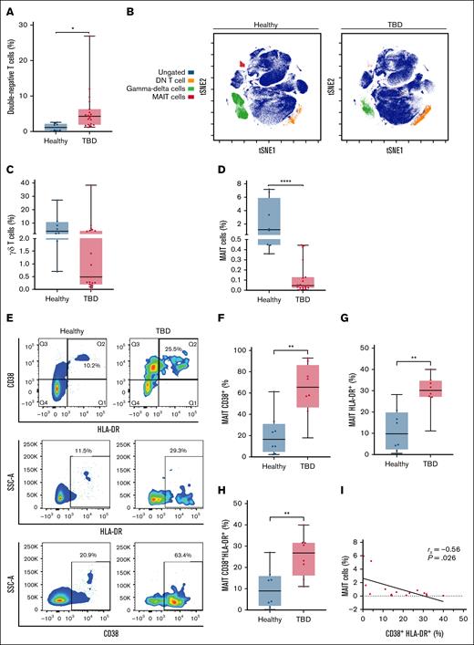 Cytotoxic double-negative T cells, γδ, and MAIT cells are dysregulated in patients with telomere diseases. Patients with TBD exhibited alterations in minor subsets of T cells, namely double-negative T cells and unconventional T lymphocytes. Such imbalance was especially seen in MAIT cells, which are markedly reduced and activated in TBD. (A) Box plot of frequencies of double-negative T cells, defined as CD3+CD4–CD8–Vδ2–CD45RA+CCR7–Tbet+GZMB+. (B) Double-negative T cells, γδ, and MAIT cells are presented on viSNE maps for control and patient groups. (C) Percentage of Vδ2 γδ T cells in total CD3+ lymphocytes. (D) MAIT cells frequencies out of total CD3+ lymphocytes. (E) Additional flow cytometry was performed to assess the expression of HLA-DR and CD38 in CD3+CD161hiVα7.2+ MAIT cells, as depicted for healthy controls and patients with TBD. (F-H) Box plots showing the percentages of expression of CD38 and HLA-DR in MAIT cells. (I) Spearman correlation between total circulating MAIT cells and their expression of CD38 and HLA-DR. ∗P ≤ .05; ∗∗P ≤ .01; ∗∗∗∗P ≤ .0001. DN, double negative; TBD, telomere biology disorder; t-SNE, t-distributed stochastic neighbor embedding.